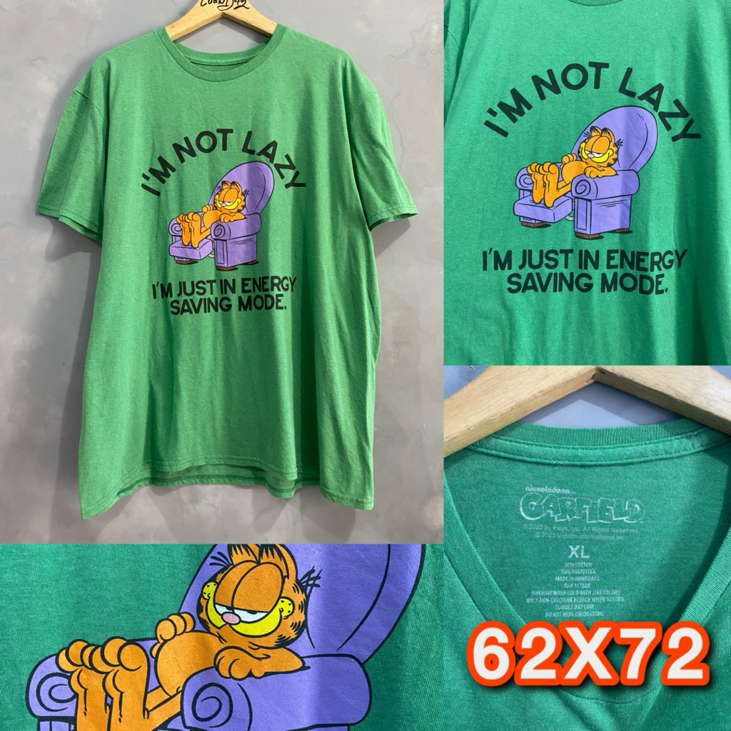 Kaos Garfield "Energy Saving Mode" Green Tee - Second Original Branded