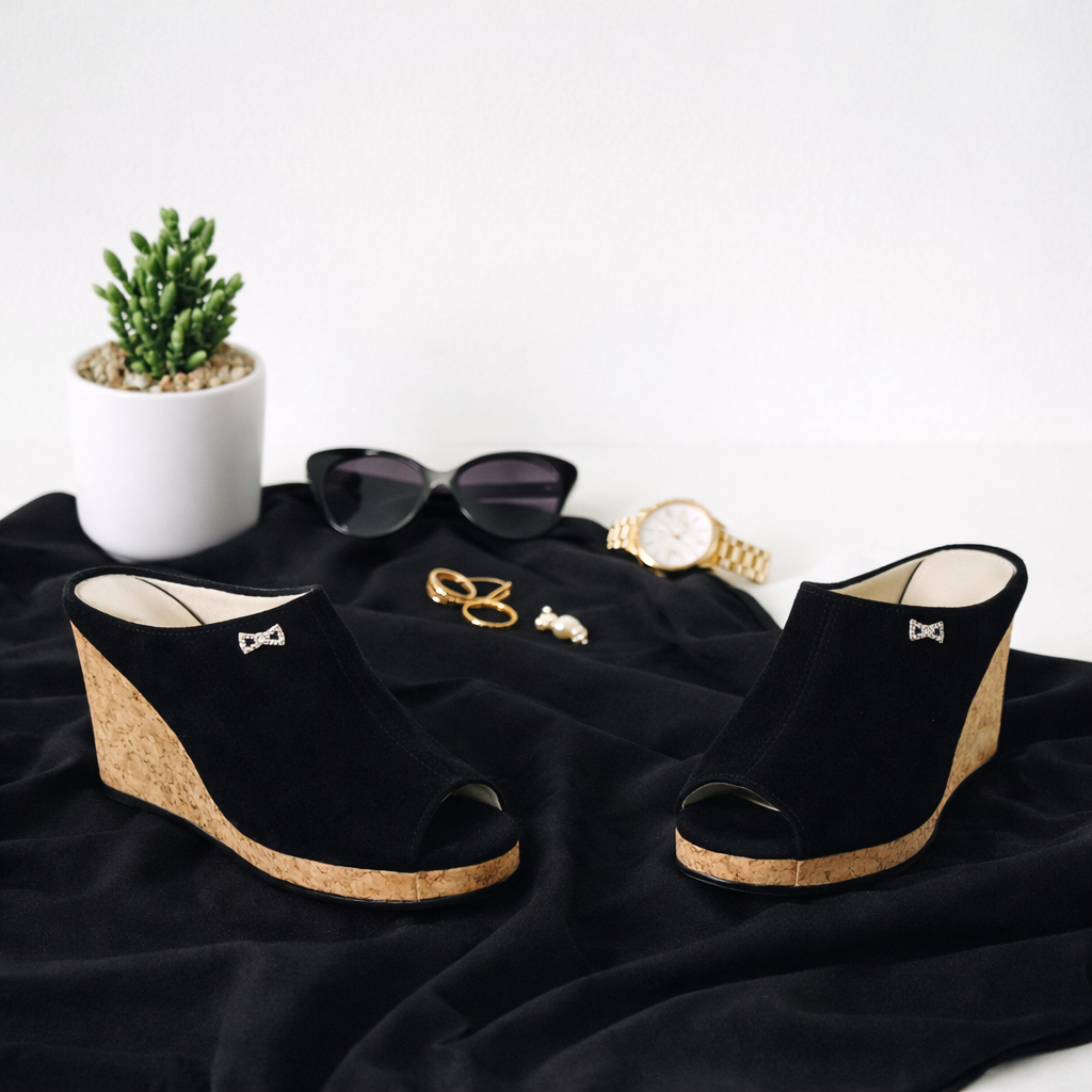 BIG SIZE 40-45 | Sandal Pesta Wanita Wedges Slop Beludru Hak 9 cm Ukuran Jumbo | A120 Beige