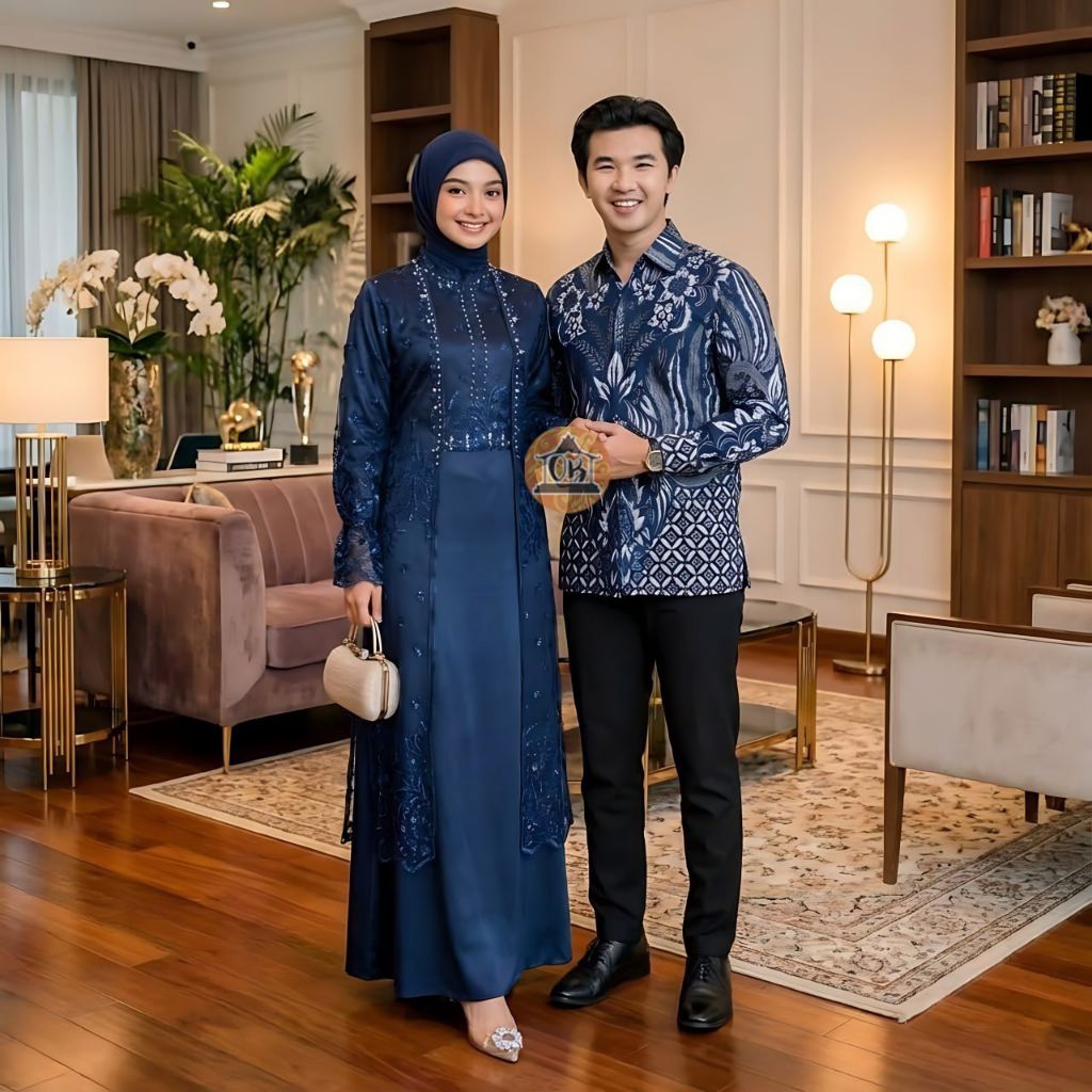 SET ANISA DRESS NAVY ORI COUPLE KEMEJA PREMIUM / CUSTOM ANAK & JUMBO / BAJU SERAGAM BATIK PASANGAN S