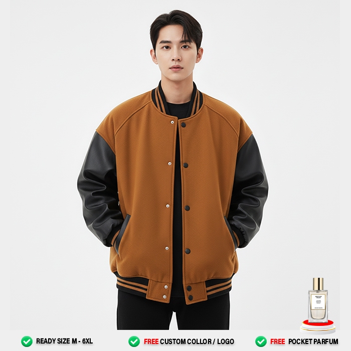 Jaket Varsity Pria Raglan Karamel hitam Oversize | Lengan Kulit Leather | Bomber Baseball Unisex Kek
