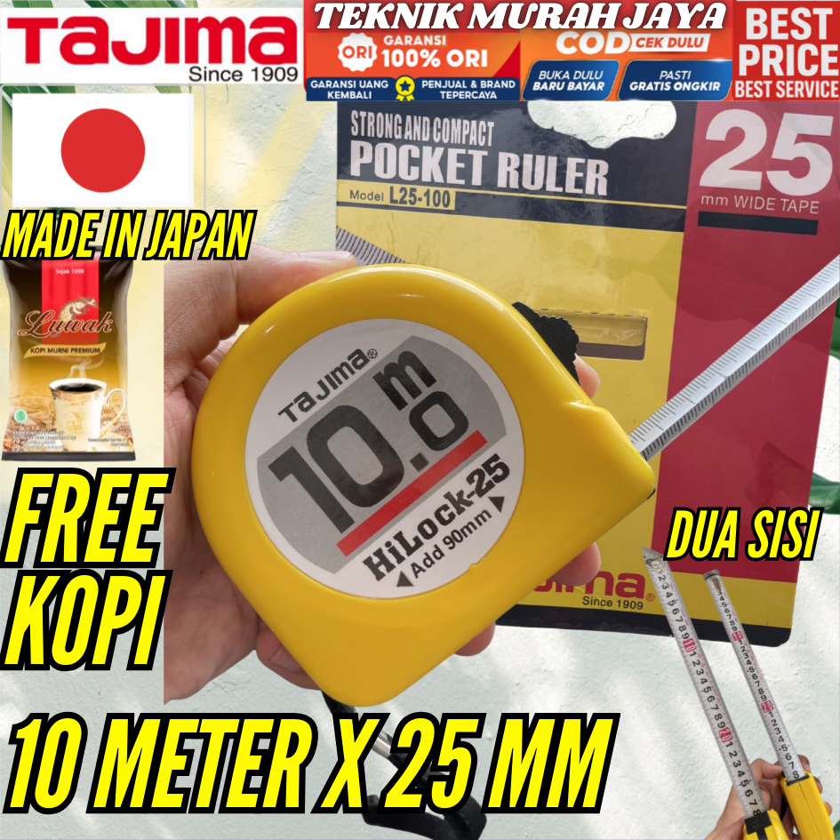 TAJIMA Asli Jepang Hi-Lock Measuring Tape 10 METER X 25 MM 10 m Dua Sisi Double Sided Bolak Balik Pl