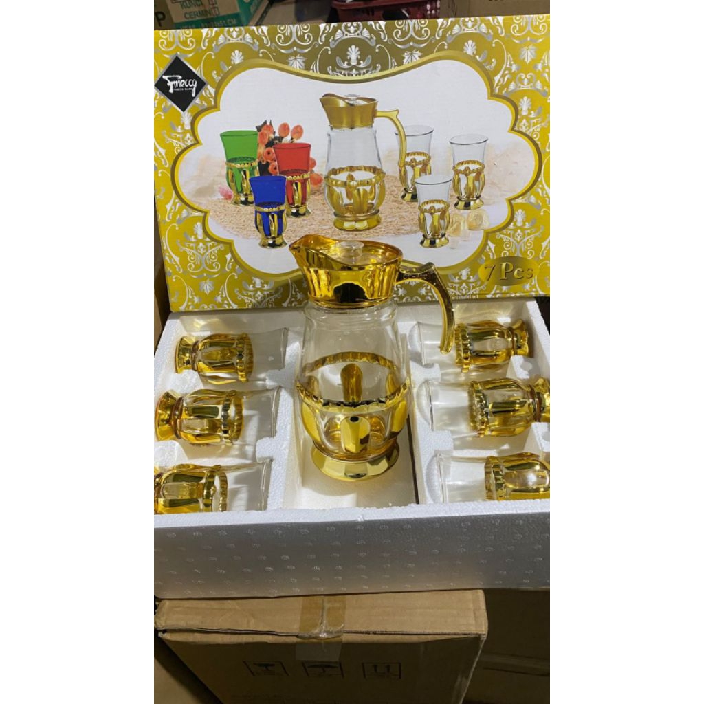 (1 teko 6 gelas) Teko Sultan Bahan Kaca  1 set Terbaru termurah cocok untuk gift dan hiasan Rumah di