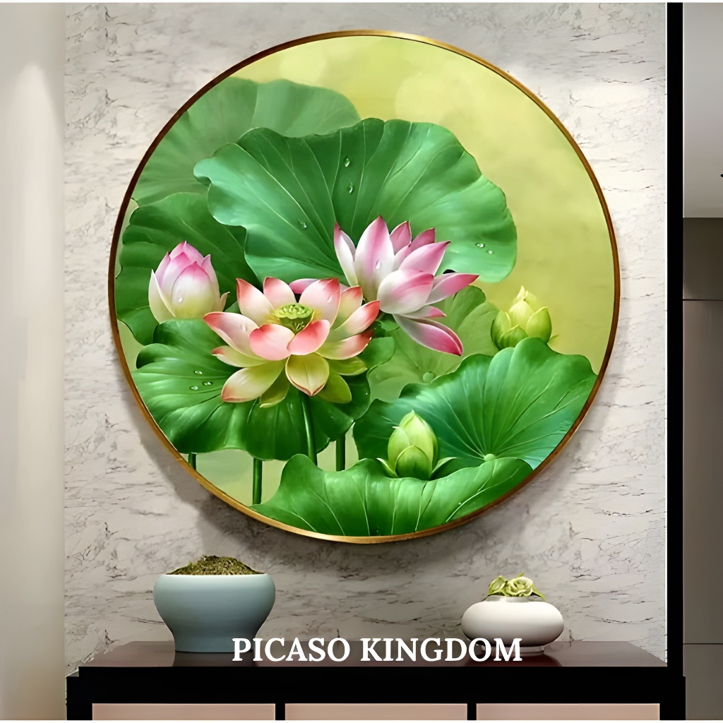 Lukisan Bulat Porcelain Diamond 5D Painting Hiasan Dinding Mewah - Bunga Lotus Cantik - Bingkai Alum