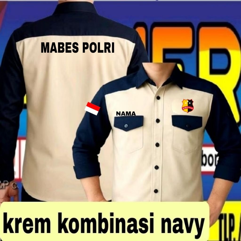 ready stok full bordir krem kombinasi navy kemeja mabes polri baju mabes polri seragam mabes polri p