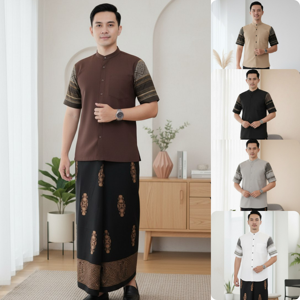 SETELAN BAJU KOKO + SARUNG PRIA DEWASA BAJU KOKO LENGAN PENDEK BAHAN KATUN