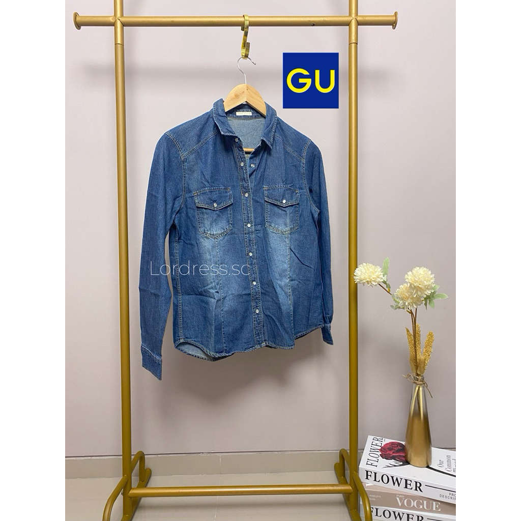 Preloved Jaket Kemeja Jeans Denim Branded GU Korean Style Kekinian Biru Blue