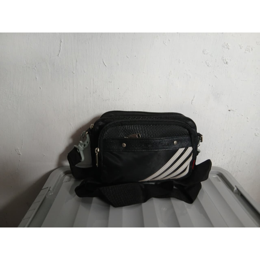 tas sling bag slempang pria cowo brand elegator nylon tebal mix leather hitam preloved
