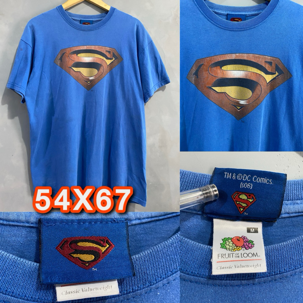 Kaos Vintage logo super man x Fruit of the Loom Blue Graphic T-Shirt Second Original
