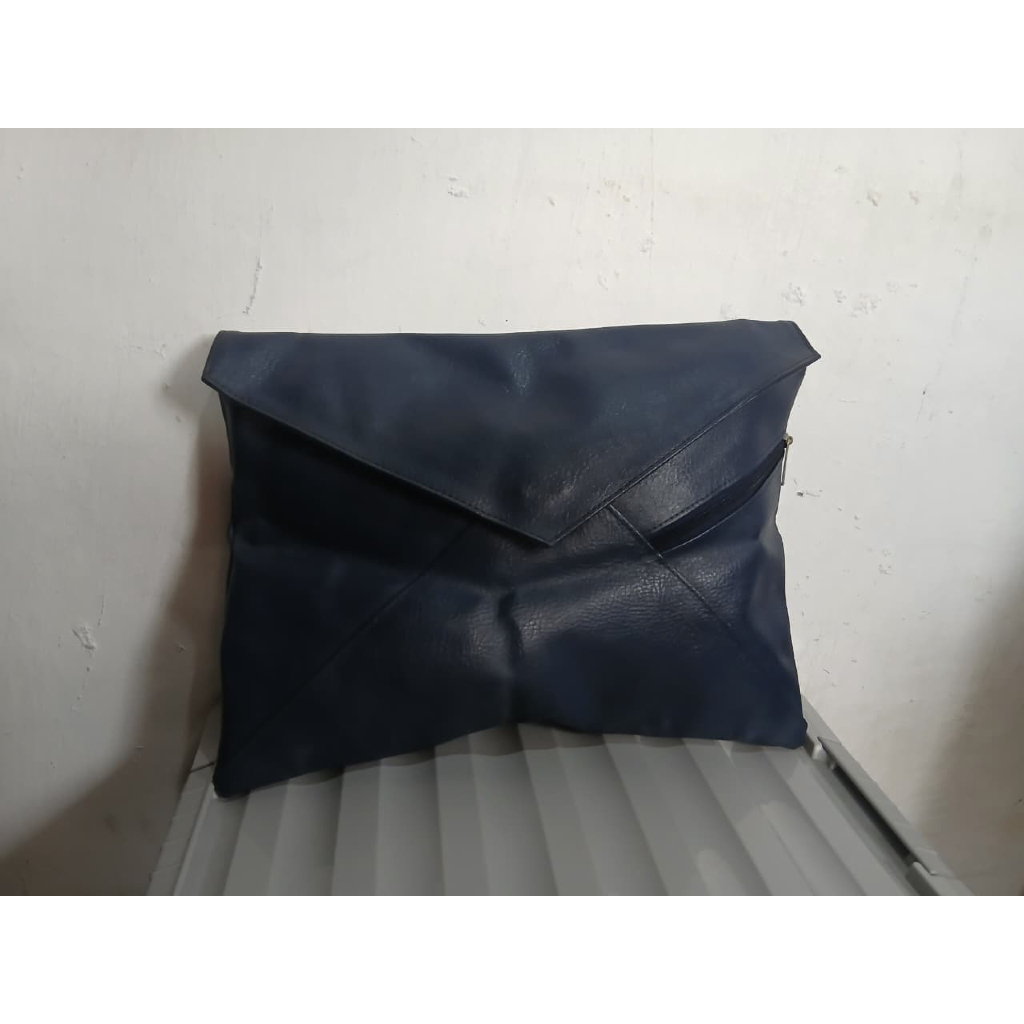 tas clutch hand bag laptop pria wanita kulit full leather biru preloved