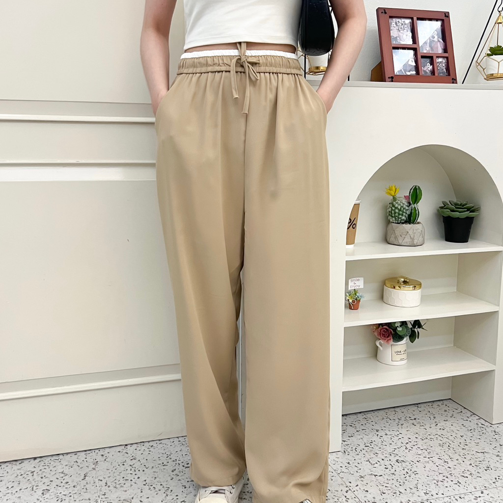 KELY Loose Pants Lines White | Celana Kulot Wanita Bahan Polyester Import