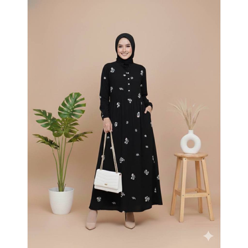 DAISY - Daisy Black Homedress Gamis Rayon Motif Premium Terbaru – Dress Muslimah Lengan Panjang Busu
