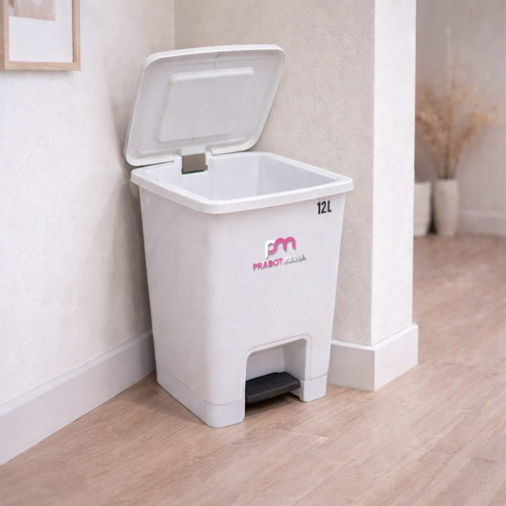 Tempat Sampah Injak Putih 12L - PRABOTMAMA / Tempat Sampah Minimalis / Tong Sampah Plastik Tutup / K
