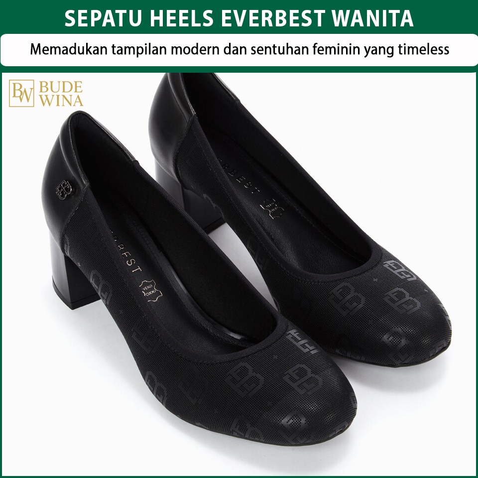 Hitam Monogram Heel EVERBEST Sepatu Hak Wanita Kasual Semi Formal Branded EW13
