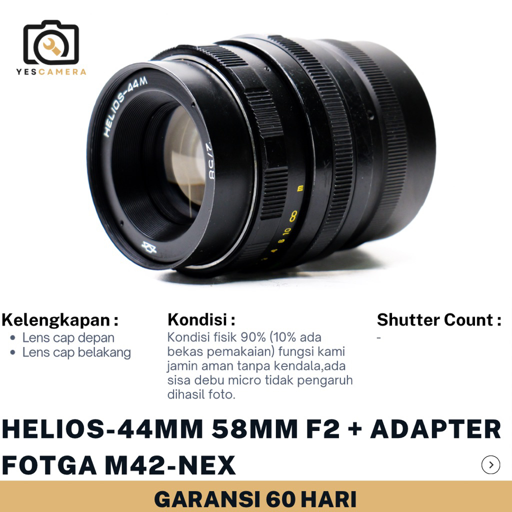 Helios-44mm 58mm F2 + Adapter FOTGA M42 - Nex (Bekas) - Lensa Manual Vintage, Swirly Bokeh, Manual F