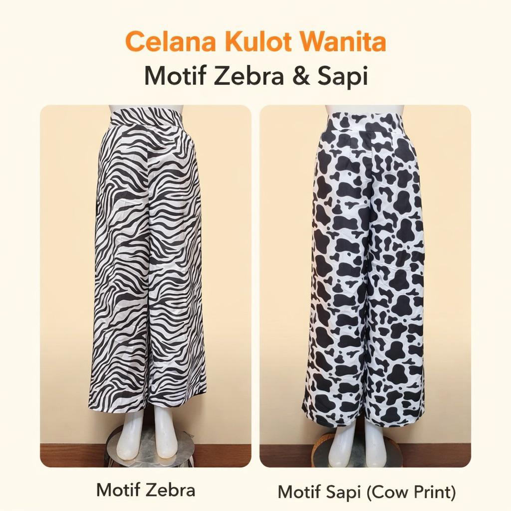 Celana Kulot Wanita Motif Zebra & Sapi | High Waist Wide Leg Pants Kekinian