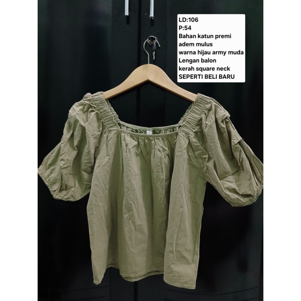 (COD)Atasan blouse korean look square neck lengan balon wanita warna hijau army