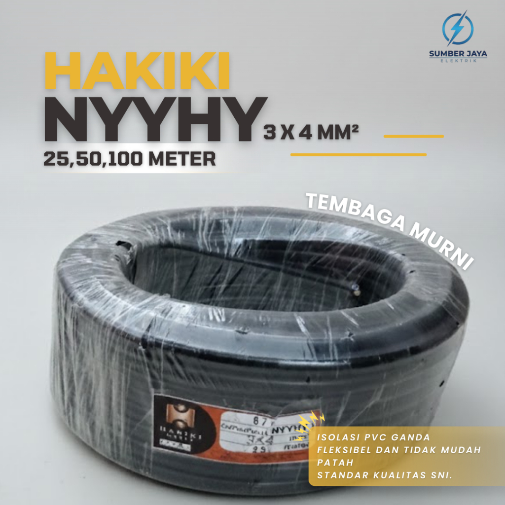 Hakiki Kabel NYYHY 3x4mm Roll 50M 100M - Serabut Hitam Tebal SNI LMK Original
