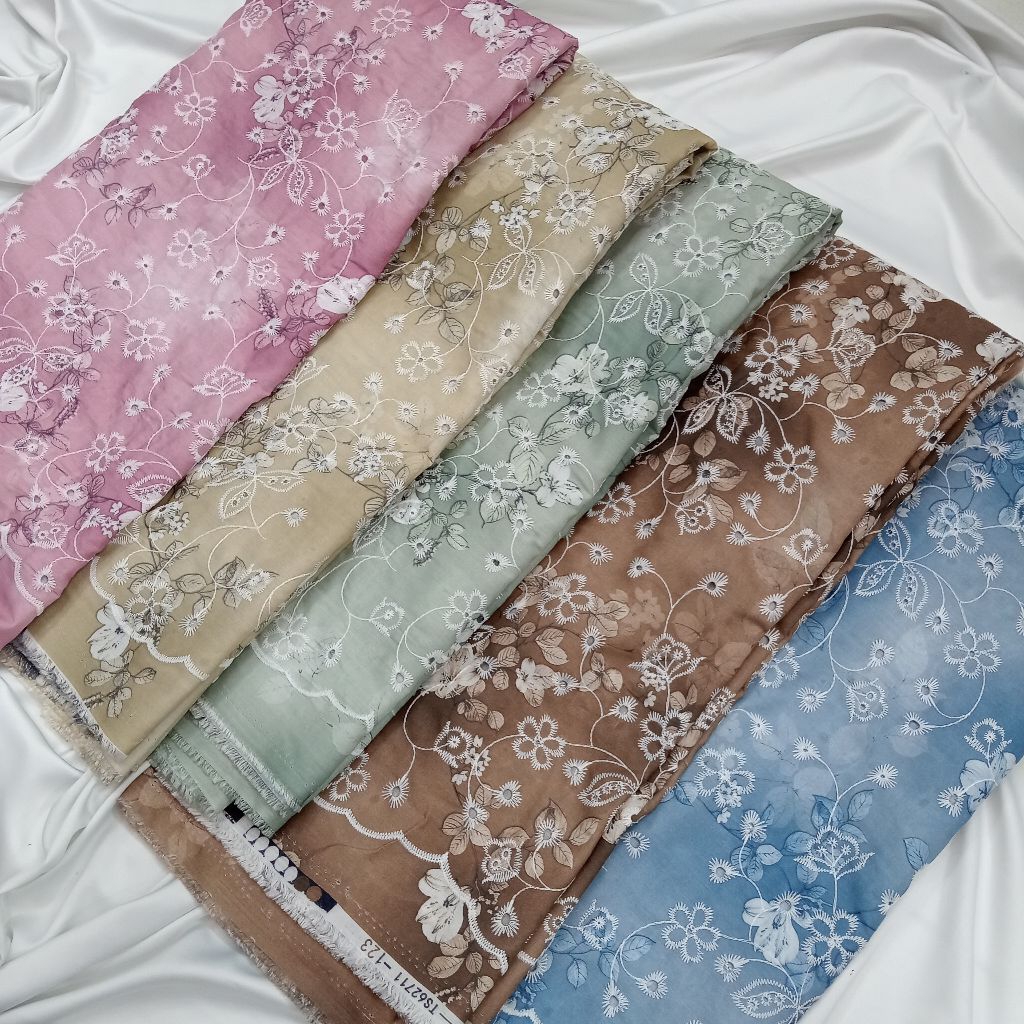 BAHAN/KAIN KATUN BORDIR JEPANG EMBROIDERY BUNGA PRINT/KAIN KATBOL 100%COTTON