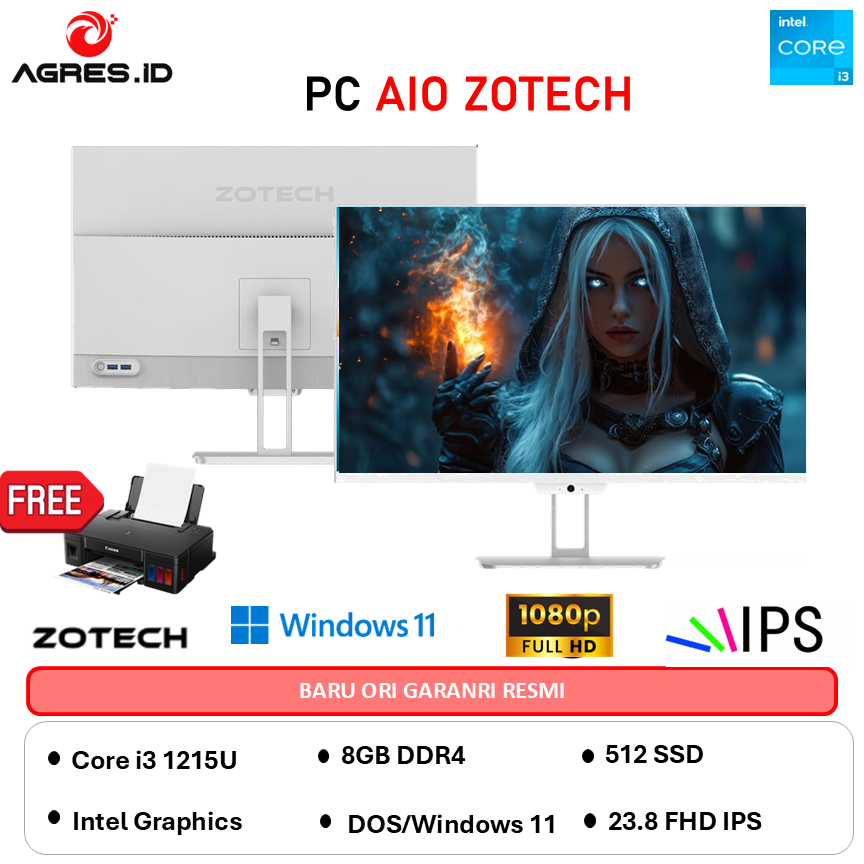 PC ALL IN ONE ZOTECH CORE I3 1215U - RAM 8GB 512GB WINDOWS 11 23.8FHD WHITE