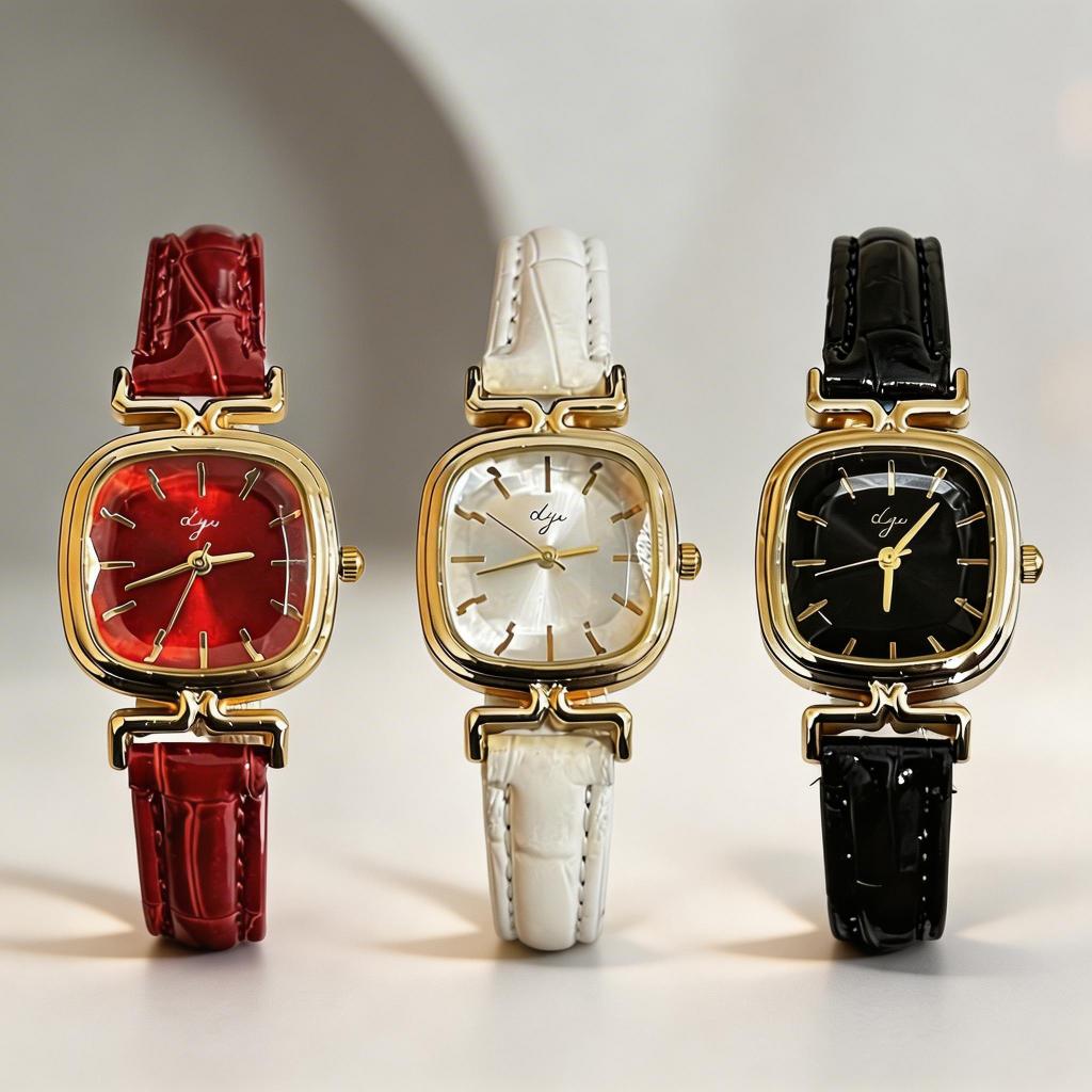 SGY 80576 Jam Tangan Wanita Strap PU Dial Persegi Kecil Kaca Timbul Casual Mewah Jam Tangan Analog R