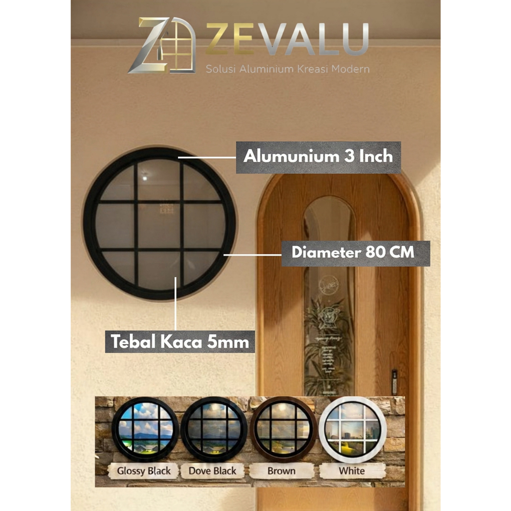 Jendela Bulat Aluminium Diameter 80 cm Kaca Mati + Ornamen 4 | FREE PACKING KAYU  & GRATIS ONGKIR