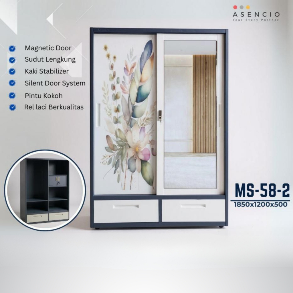 Asencio MS-58 Lemari Baju 2 Pintu Laci Pakaian Modern Plat Besi 120x185x50cm Anti Rayap