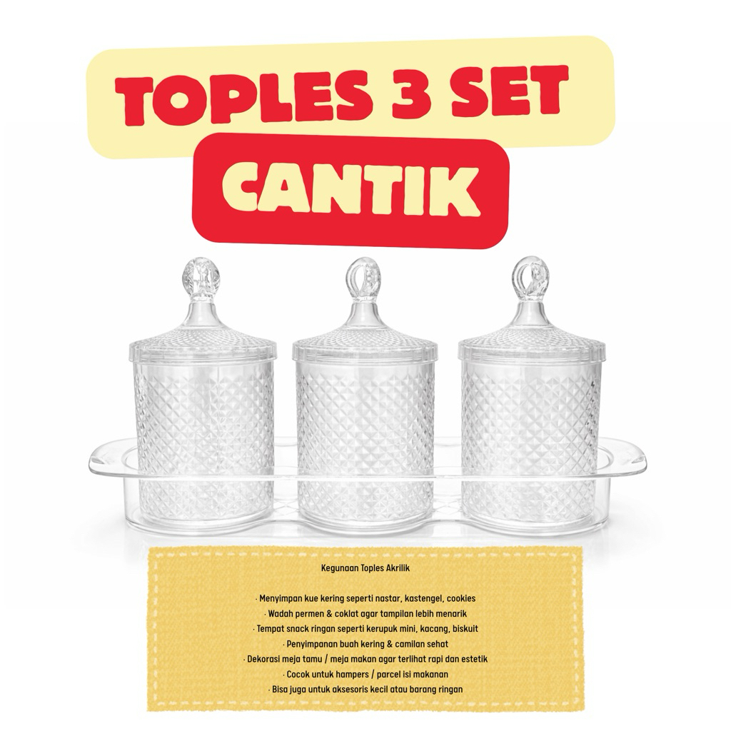 Toples Akrilik 3 Sekat + Tray Set Tempat Permen Kue Snack Jar Transparan Tutup Kristal Hias Meja Rua