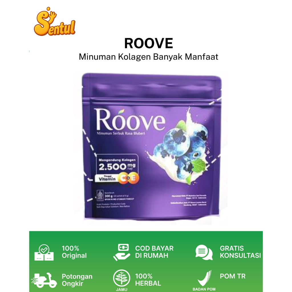 ROOVE Minuman Kolagen Rasa Blueberry Suplemen Sehatkan Kulit Mengatasi Rambut Rontok & Nyeri Sendiri