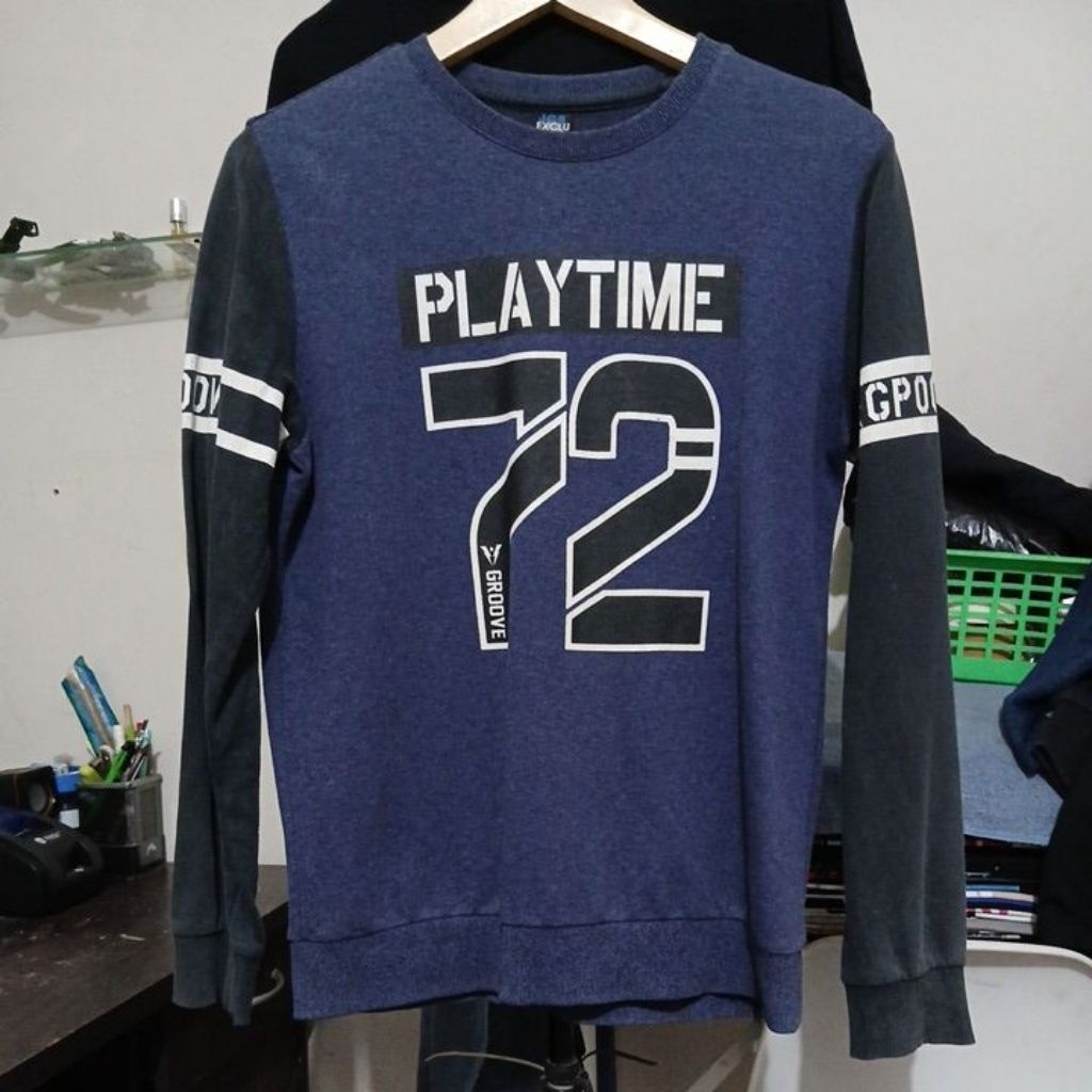 Kaos katun Crewneck bahan katun tebal warna navy lengan hitam kerah kencang JCB second Original size