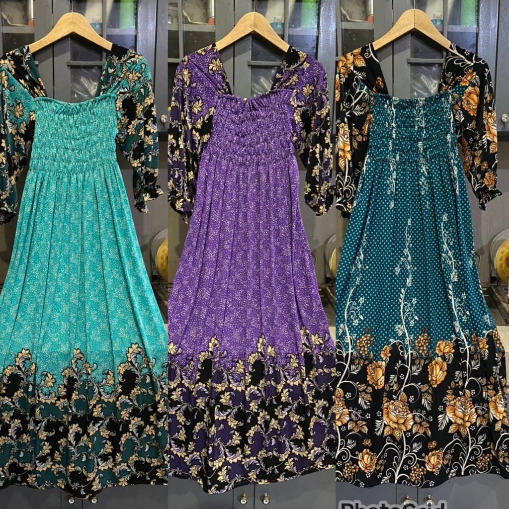 Sabrina long dress, Korean style dress,semok kerut dada