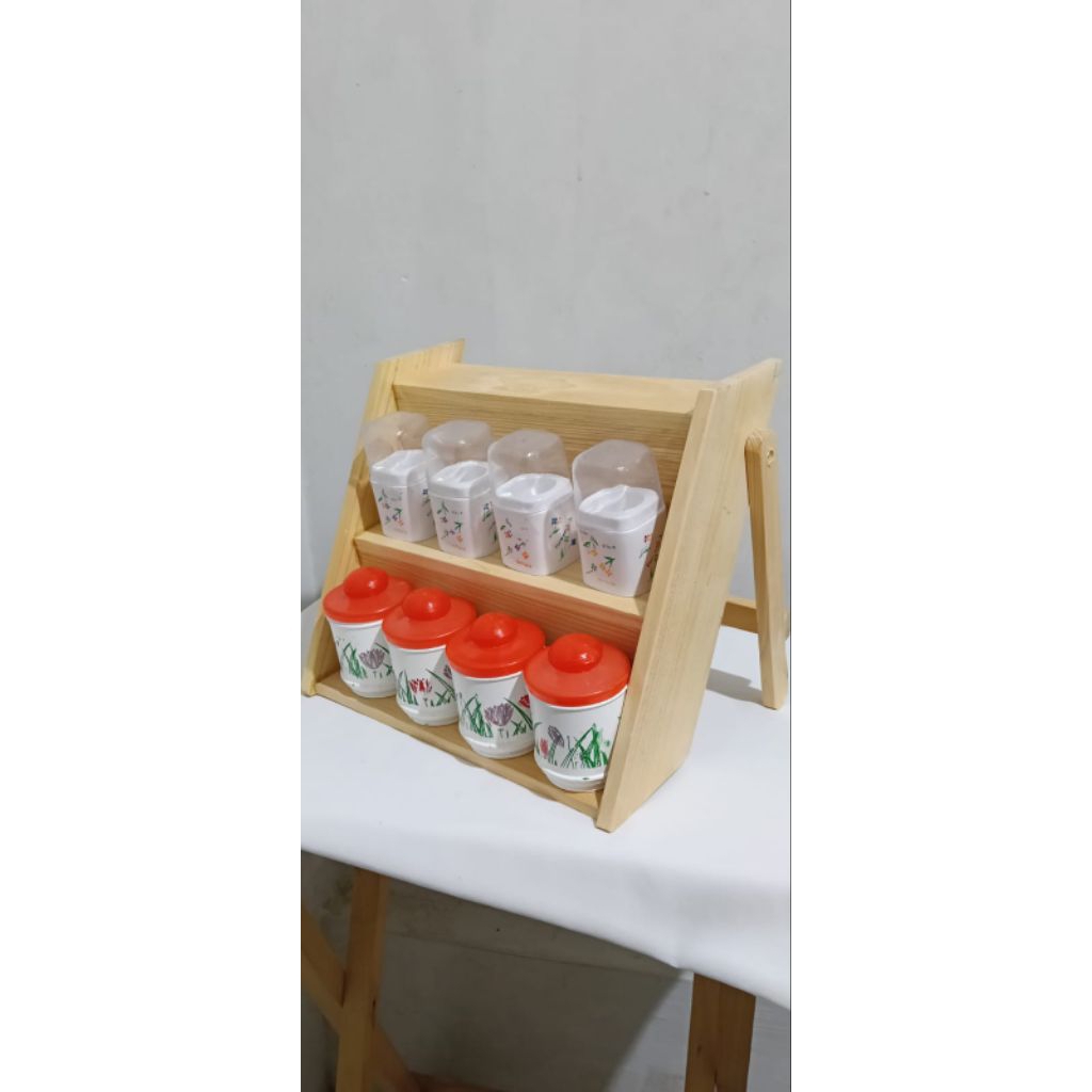 cuci gudang rak bumbu 3 tingkat kayu jati belanda / rak dapur minimalis natural / rak stoples