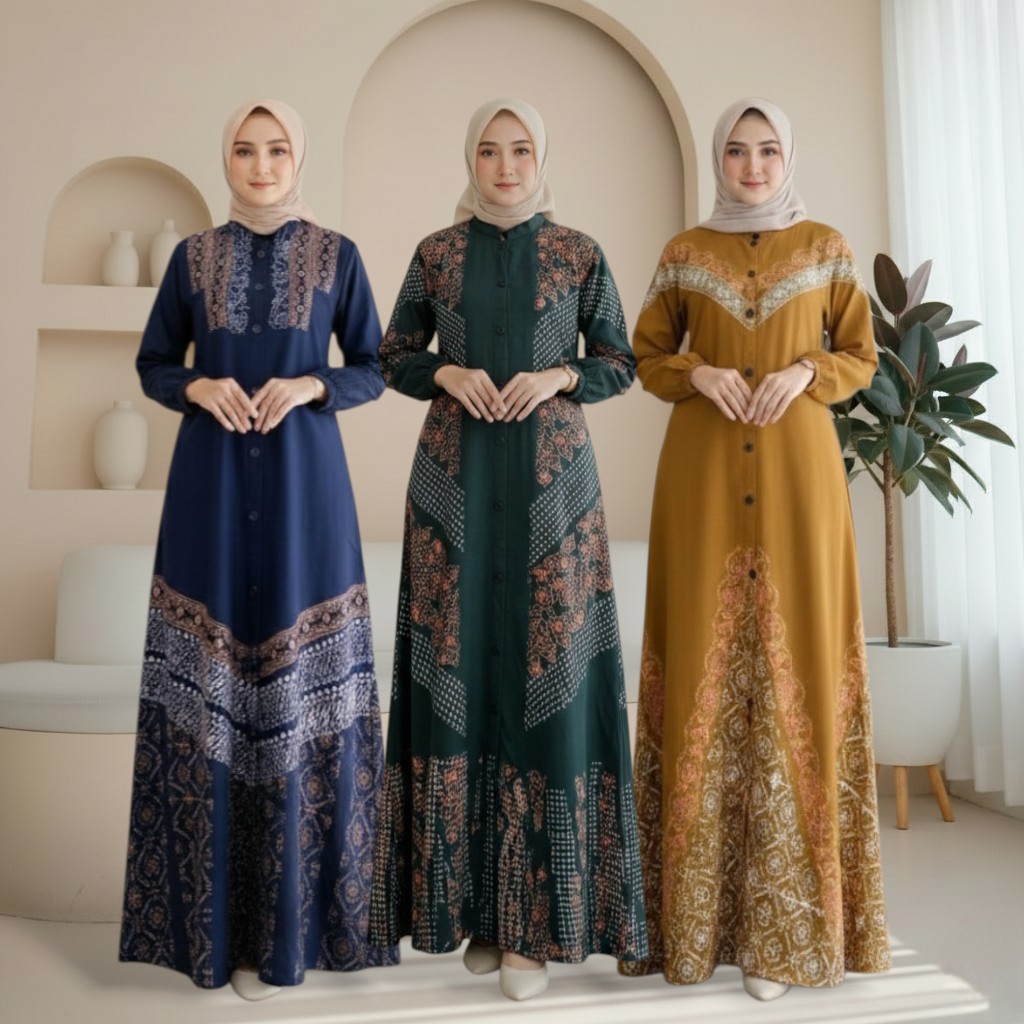 Gamis Wanita Syari Jumbo Twill Rayon Pekalongan Batik Cap Malaman Ori Home Dress