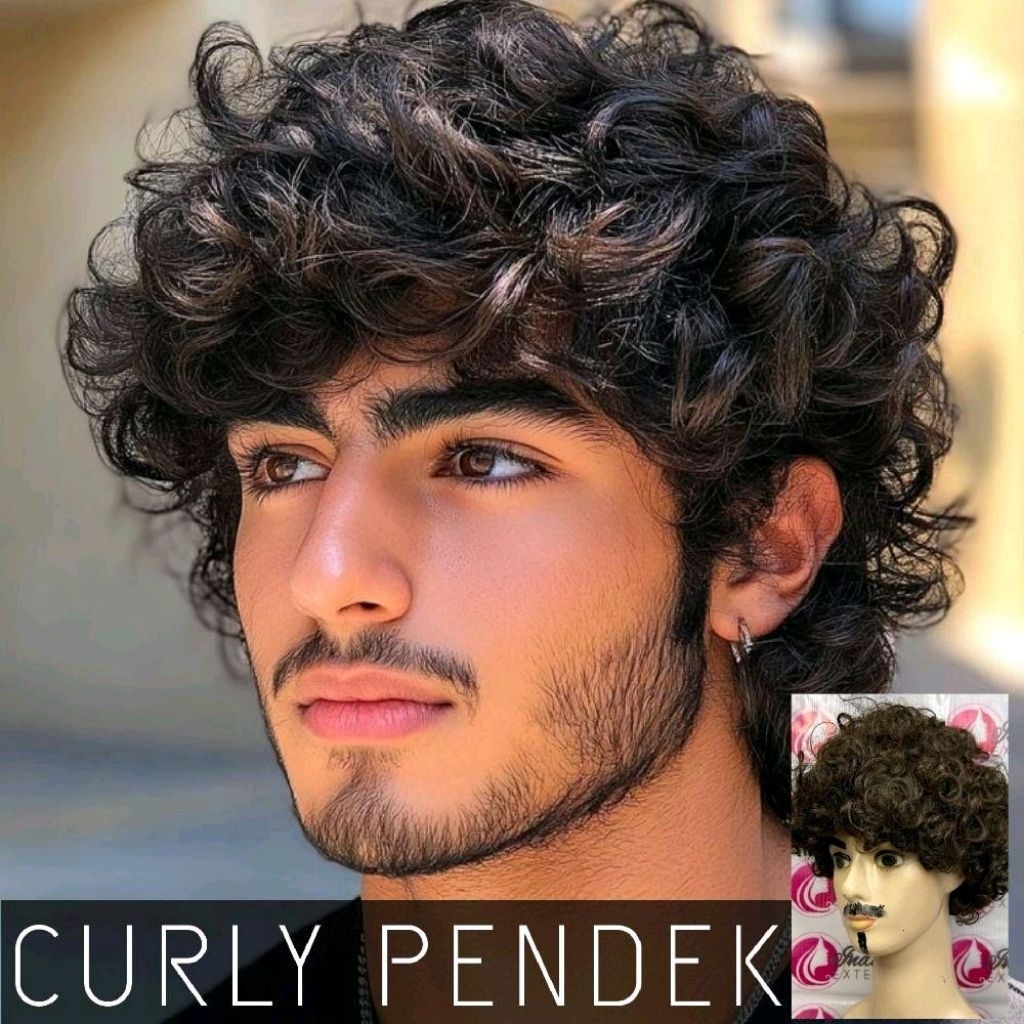 Wig Pria Rambut Kribo Ikal Pendek Warna Hitam Natural Rambut Palsu Pria Ikal Bulat Tebal Kribo Kecil