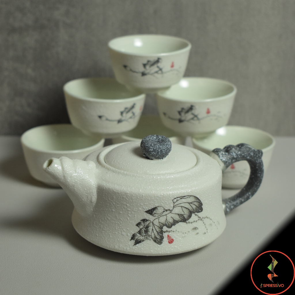 Teko + 6 cangkir teh keramik gelas putih chinese tea set [702]
