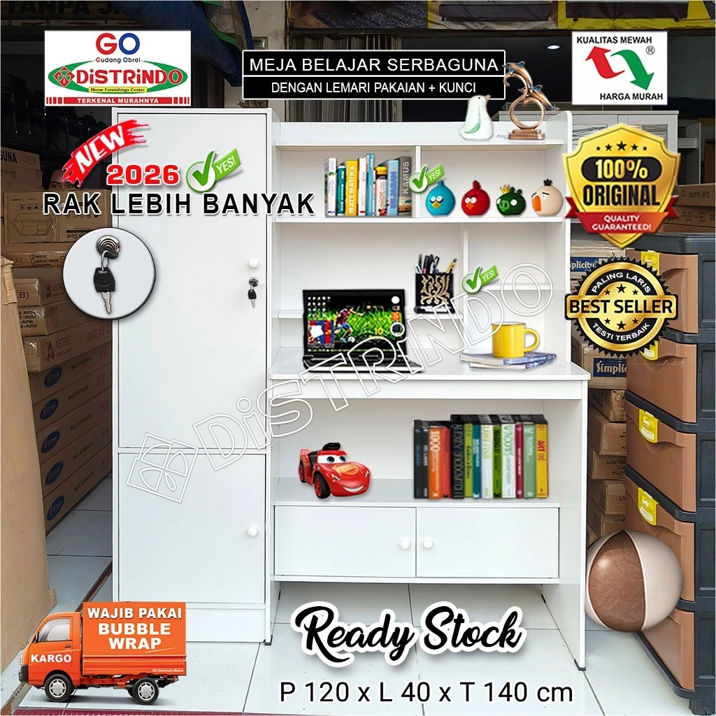DISTRINDO Meja Belajar Anak / Meja Belajar minimalis dengan Lemari Penyimpanan Serbaguna + 2Lemari K
