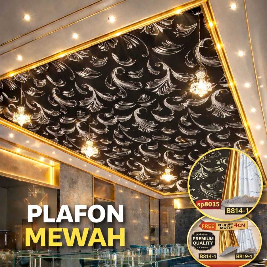 Plafon PVC Motif Premium + Lis Moulding 4CM | Plafon Mewah Glossy Hitam Emas | Panel Plafon Interior