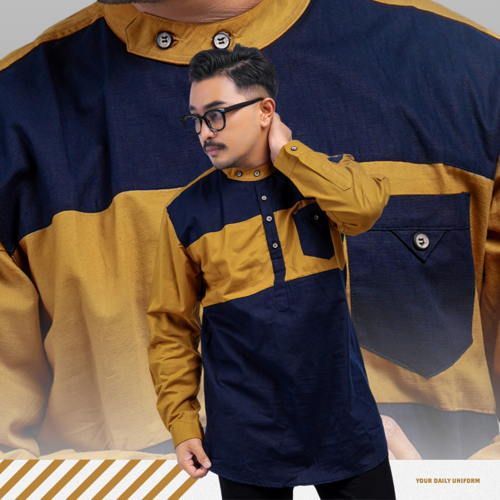 DGM Baju Koko Pria Kombinasi Katun Cigarette Lengan Panjang Mustard Navy Kemeja Koko 6748