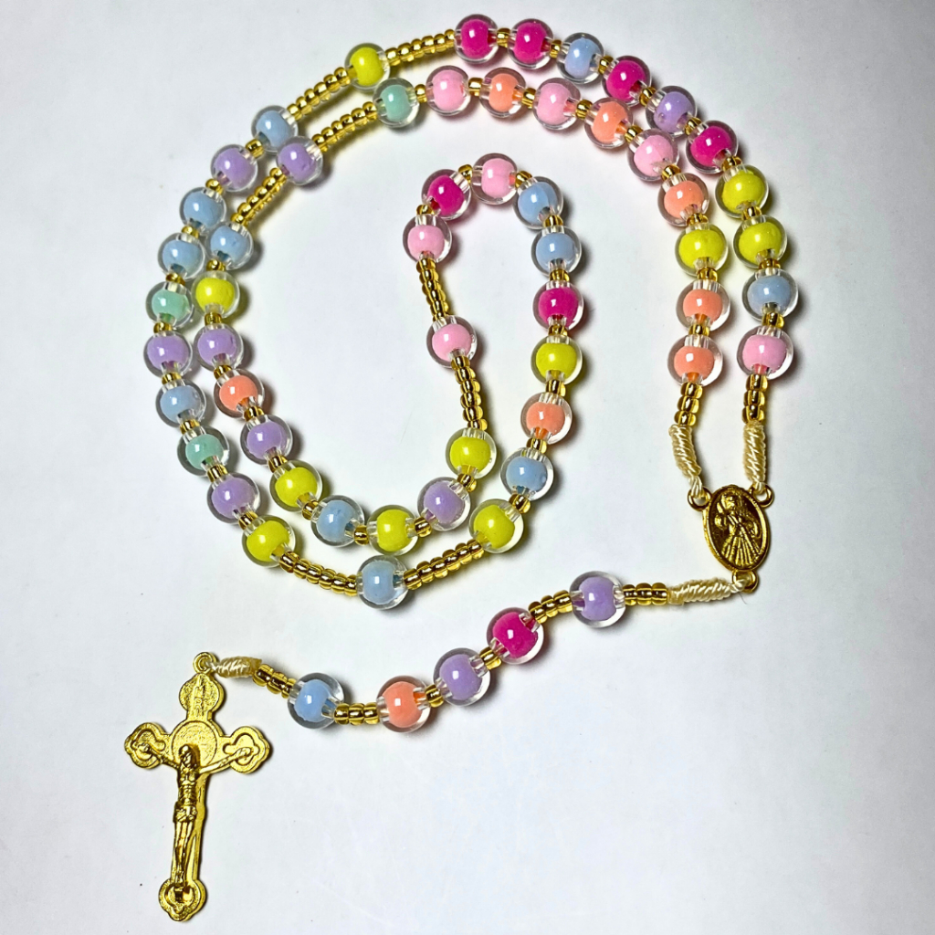 Kalung Rosario eksklusif warna-warni glossy - salib warna gold - paket doa - rosario katolik