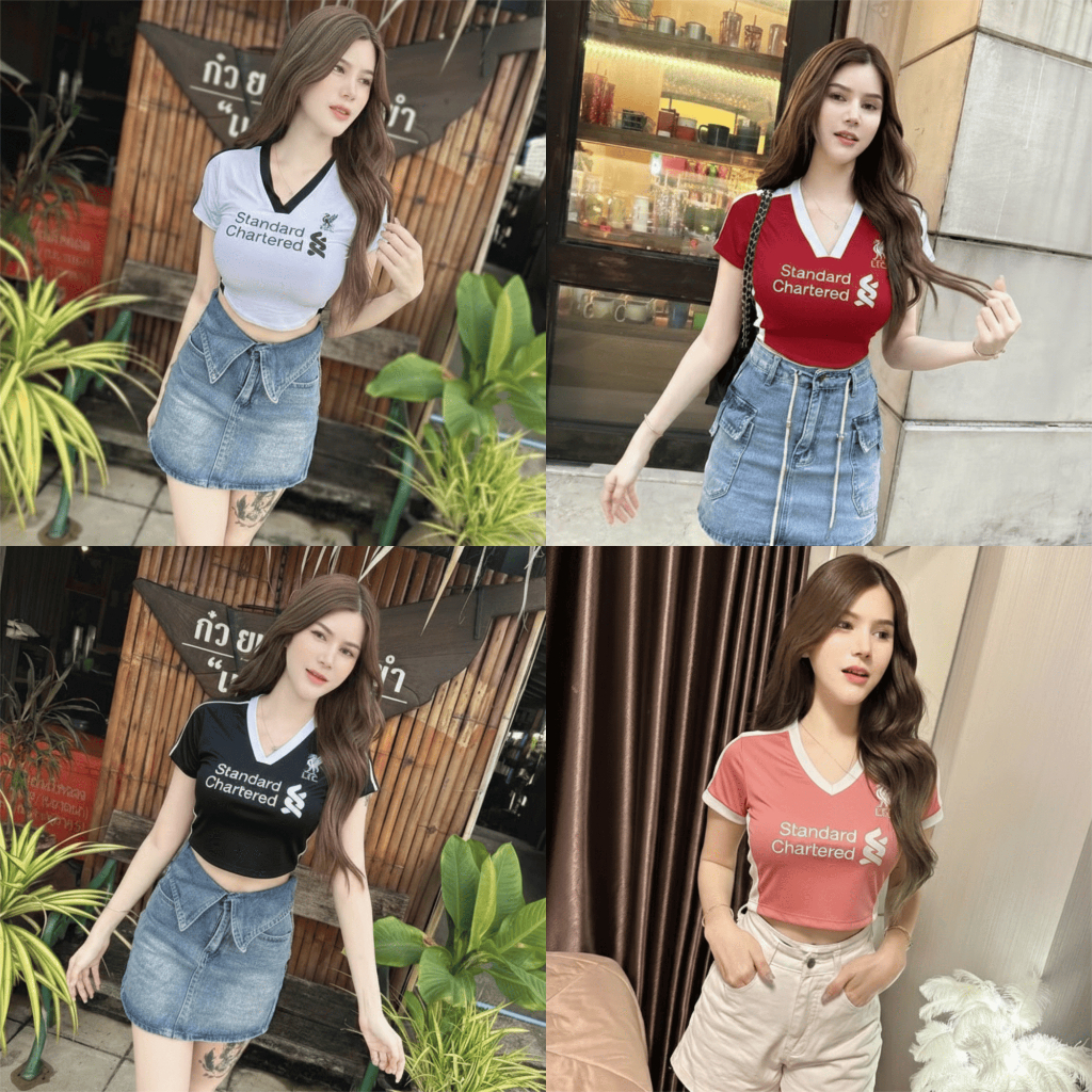 Crop Top Vneck Bahan Stretch Liverpool Wanita - Fans Club Football Edition, Crop Body Fit Dari BKK, 
