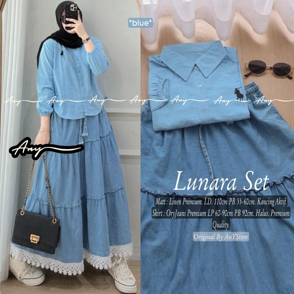 mica lunara one set rok jeans by A.N.Y kemeja stripe baju kemeja wanita one set wanita kekinian rok 
