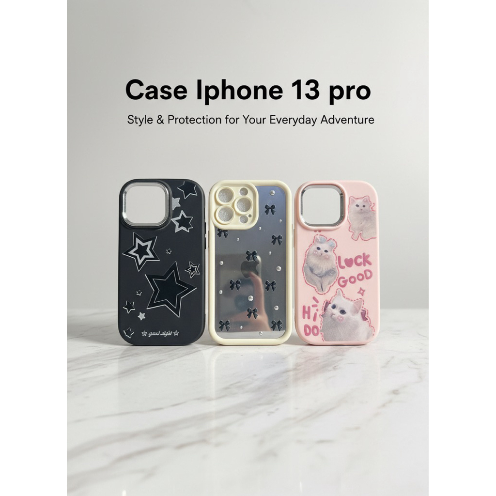 Case iPhone 13 Pro Aesthetic Casing Mewah Motif Bintang Pita Kucing Putih Softcase Premium Shockproo