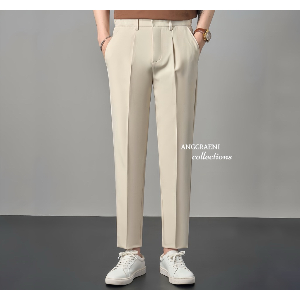 Celana Ankle Pants Kantor Formal Pria Slimfit Celana Kerja Bahan Woll Anti Kusut