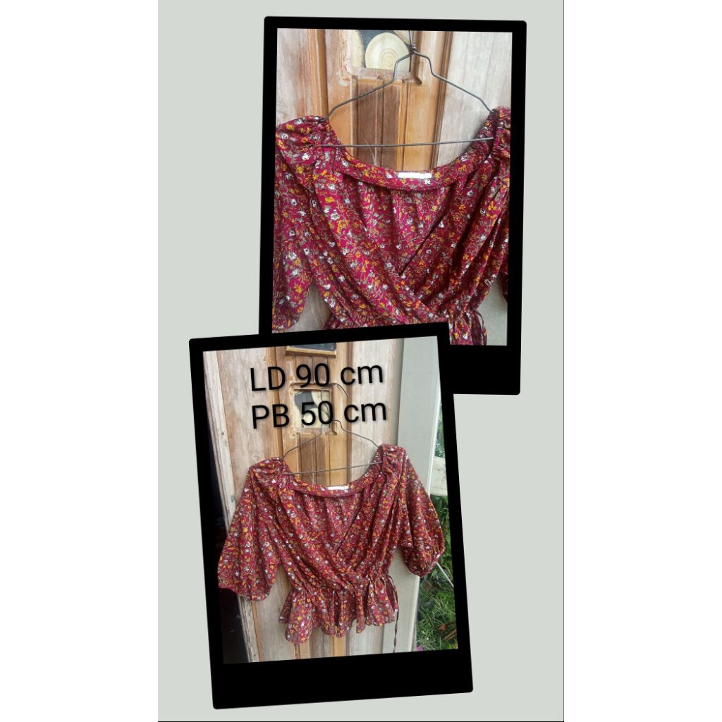 Blus model crop,umpak, tumpuk asimetris bahan sifon preloved