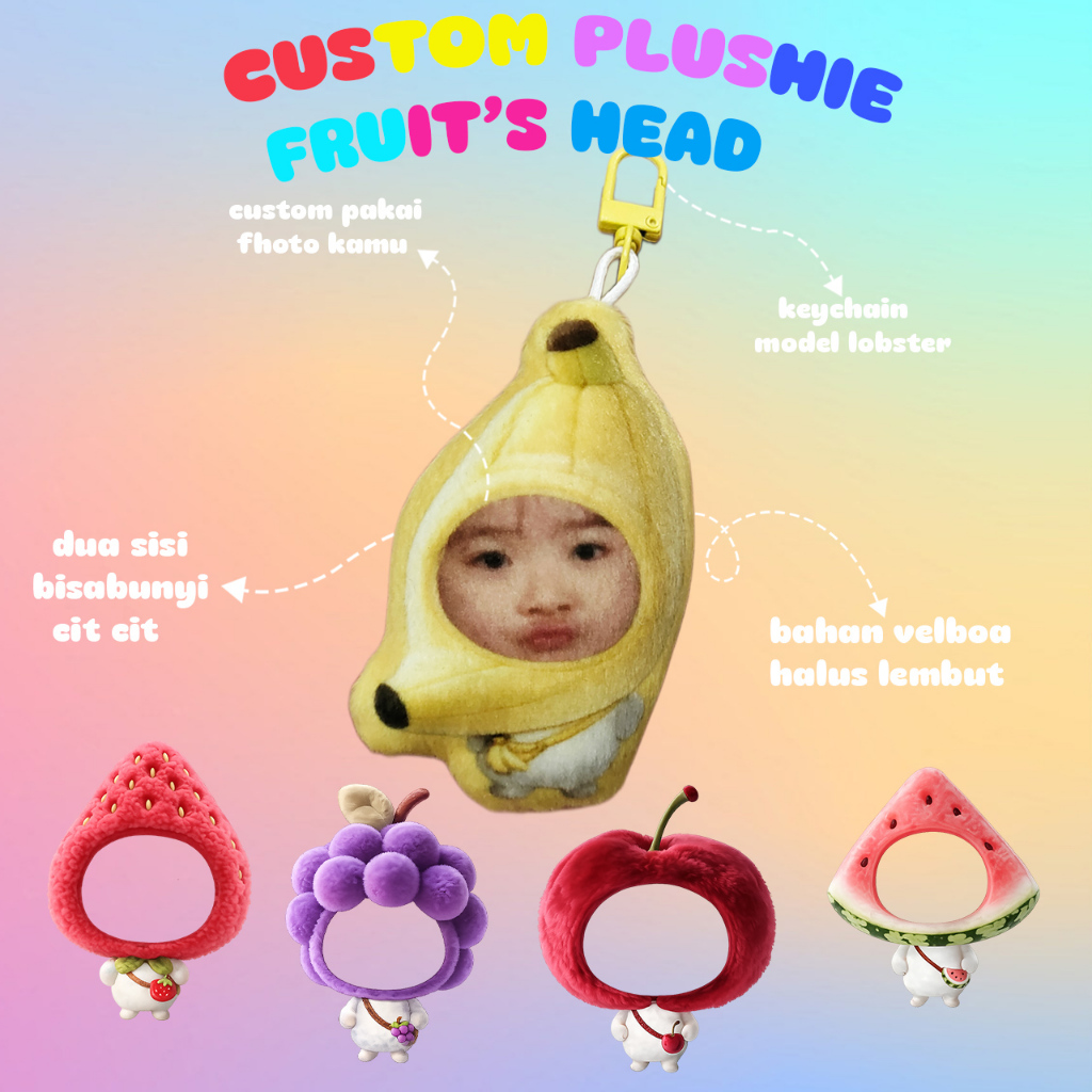 custom gantungan kunci boneka kepala buah buahan / custom plushie keychain head fruits