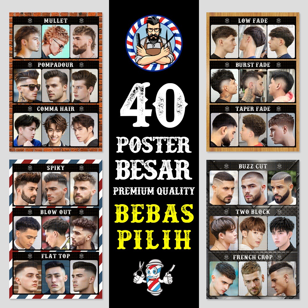 Poster Model Rambut Pria Barbeshop Dewasa dan Anak 40 Poster Bebas Pilih - PS04