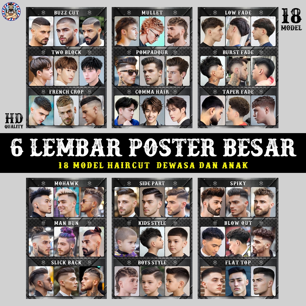 Poster Model Pangkas Rambut Pria Barbershop Paket 6 Lembar Dewasa dan Anak - 65