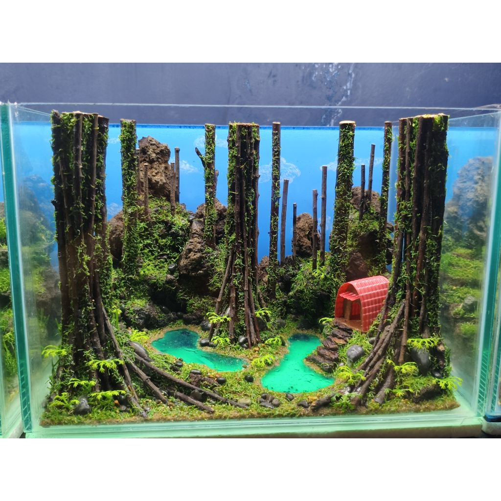 aquascape artifisial ukuran 30x20x20cm fullset tema glamping pinusan gratis exstra packing kayu babl