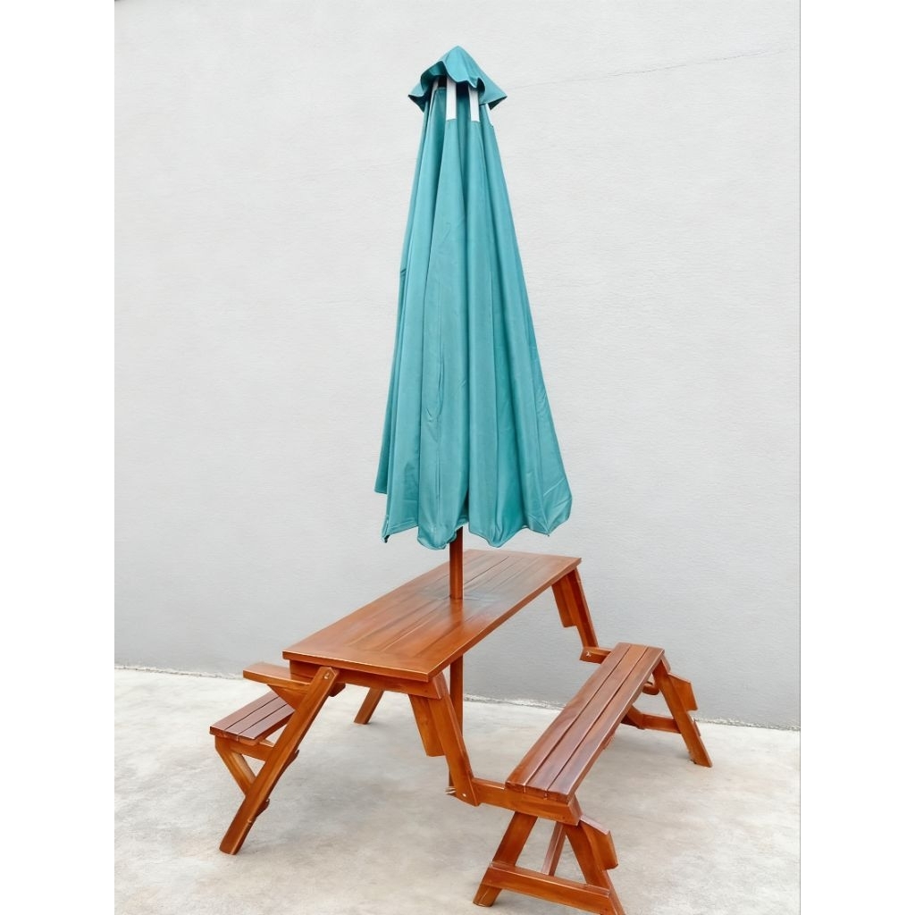 Meja Taman Kayu Minimalis + Payung Bangku Taman Kursi Magic Lipat Payung