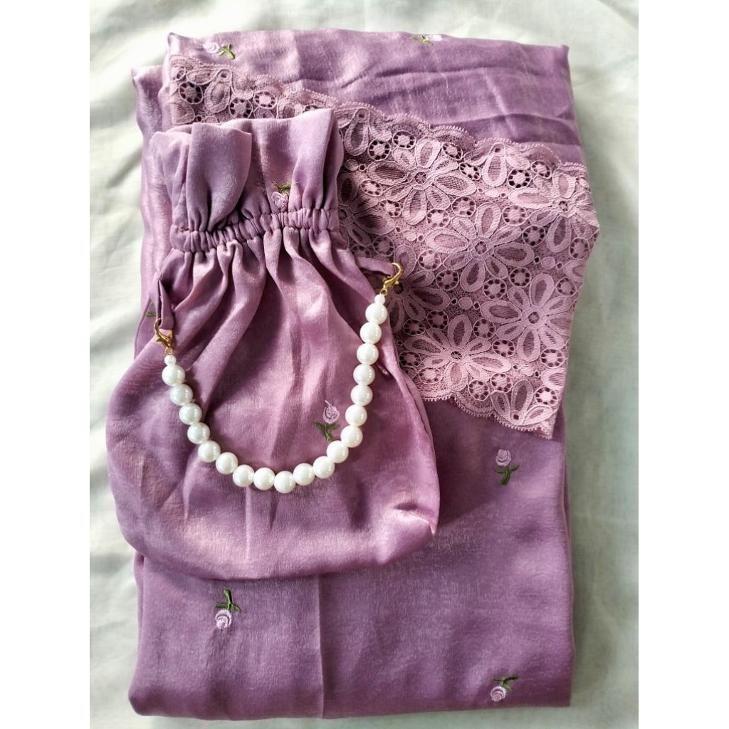 Mukenah Muslim Cantik Mewah Santorini Silk Bordir Renda Dewasa Jumbo Pink Lilac