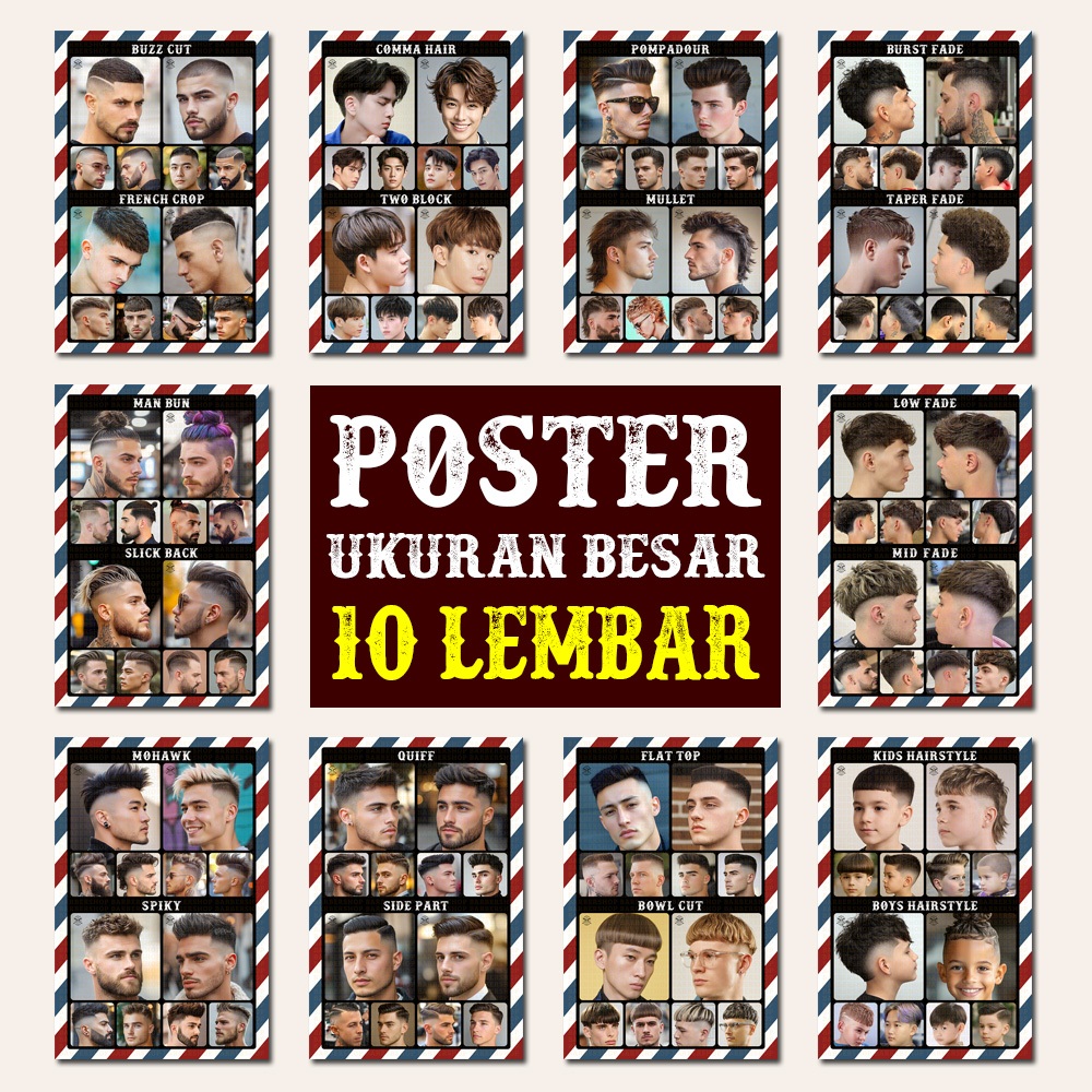 Poster Model Rambut Pria Barbershop dan Pangkas Rambut Dewasa dan Anak Paket 10 Lembar - Z06